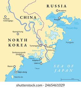 Río Tumen fluyendo en Noktundo hacia el Mar de Japón, mapa político. Tripoint en el río Tumen, donde las fronteras de China, Corea del Norte y Rusia se cruzan cerca de Khasan, en la disputada antigua isla de Noktundo.