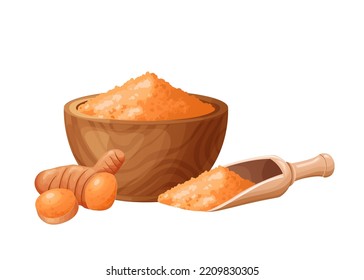 Harina tumerica en tazón de madera con semillas. Alimentos sanos sin gluten. Polvo en producto orgánico. Ilustración vectorial aislada en fondo blanco.