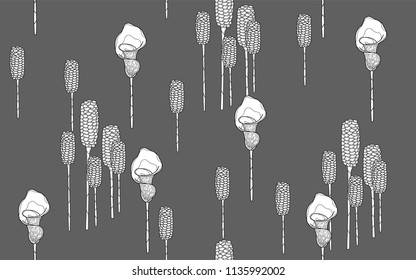 Tumeric flowers. Big leaves and exotic flowers composition. Vector illustration. Botanical seamless wallpaper. Digital nature art. Cartoon style sketch. Grey background.