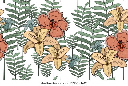 Tumeric and hawaiian flowers. Big leaves and exotic flowers composition. Vector illustration. Botanical seamless wallpaper. Digital nature art. Cartoon style sketch. White background.