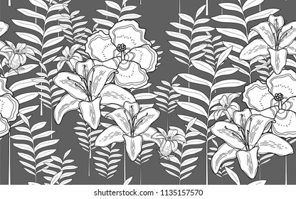 Tumeric and hawaiian flowers. Big leaves and exotic flowers composition. Vector illustration. Botanical seamless wallpaper. Digital nature art. Cartoon style sketch. Grey background.