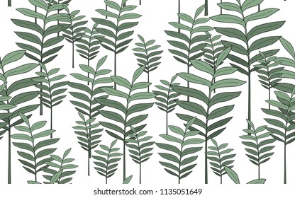 Tumeric leaves. Big leaves and exotic flowers composition. Vector illustration. Botanical seamless wallpaper. Digital nature art. Cartoon style sketch. White background.