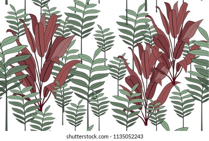 Tumeric leaves. Big leaves and exotic flowers composition. Vector illustration. Botanical seamless wallpaper. Digital nature art. Cartoon style sketch. White background.