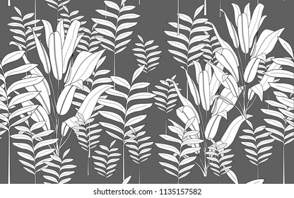 Tumeric leaves. Big leaves and exotic flowers composition. Vector illustration. Botanical seamless wallpaper. Digital nature art. Cartoon style sketch. Grey background.