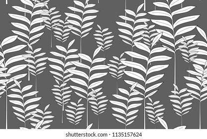 Tumeric leaves. Big leaves and exotic flowers composition. Vector illustration. Botanical seamless wallpaper. Digital nature art. Cartoon style sketch. Grey background.