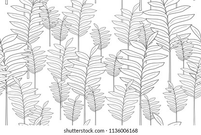 Tumeric leaves and exotic flowers composition. Vector illustration. Botanical seamless wallpaper. Digital nature art. Cartoon style sketch. White background.