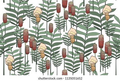 Tumeric leaves and flowers. Big leaves and exotic flowers composition. Vector illustration. Botanical seamless wallpaper. Digital nature art. Cartoon style sketch. White background.