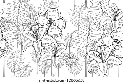 Tumeric leaves and hawaiian exotic flowers composition. Vector illustration. Botanical seamless wallpaper. Digital nature art. Cartoon style sketch. White background.