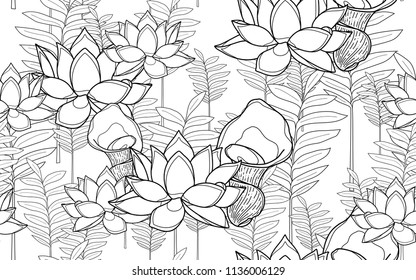 Tumeric leaves and lotus exotic flowers composition. Vector illustration. Botanical seamless wallpaper. Digital nature art. Cartoon style sketch. White background.