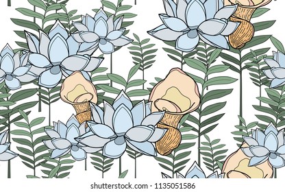 Tumeric leaves and lotus flowers. Big leaves and exotic flowers composition. Vector illustration. Botanical seamless wallpaper. Digital nature art. Cartoon style sketch. White background.