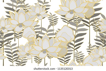 Tumeric leaves and lotus flowers. Big leaves and exotic flowers composition. Vector illustration. Botanical seamless wallpaper. Digital nature art. Cartoon style sketch. White background.