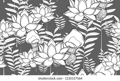 Tumeric leaves and lotus flowers. Big leaves and exotic flowers composition. Vector illustration. Botanical seamless wallpaper. Digital nature art. Cartoon style sketch. Grey background.