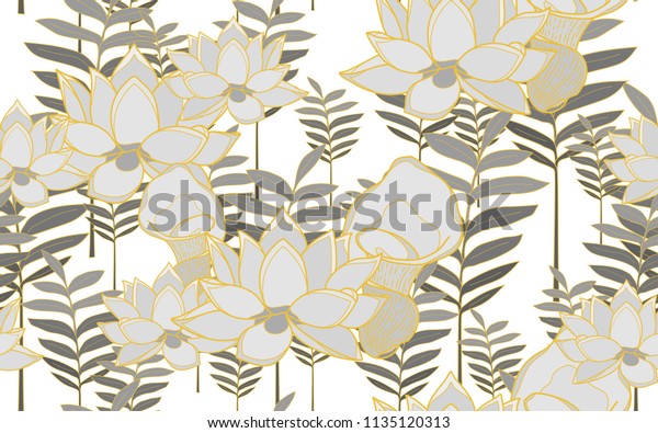 タンマーの葉と蓮の花 大きな葉とエキゾチックな花の構成 ベクターイラスト 植物性のシームレスな壁紙 デジタルネイチャーアート カートーンスタイルのスケッチ 白い背景 のベクター画像素材 ロイヤリティフリー