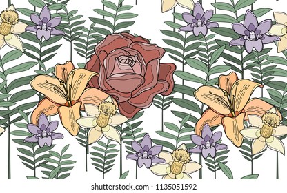 Tumeric leaves, roses and hawaiian flowers. Big leaves and exotic flowers composition. Vector illustration. Botanical seamless wallpaper. Digital nature art. Cartoon style sketch. White background.