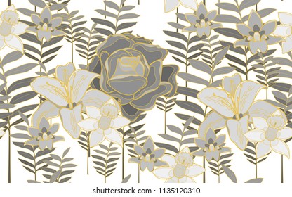 Tumeric leaves, roses and hawaiian flowers. Big leaves and exotic flowers composition. Vector illustration. Botanical seamless wallpaper. Digital nature art. Cartoon style sketch. White background.