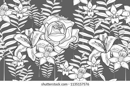 Tumeric leaves, roses and hawaiian flowers. Big leaves and exotic flowers composition. Vector illustration. Botanical seamless wallpaper. Digital nature art. Cartoon style sketch. Grey background.