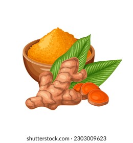 Tumeric root, green leaf and bowl with curcumin powder vector illustration. Cartoon isolated natural leaves, raw orange tuber of Curcuma longa cut into slices, cup with dry turmeric supplement