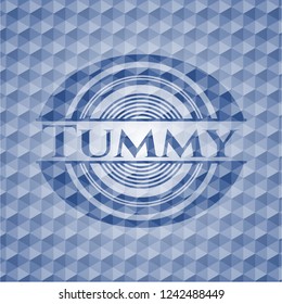 Tummy blue emblem with geometric pattern background.