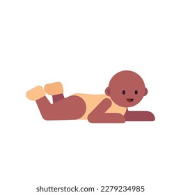 Tummy time vector illustration. Flat character - 3 months old black baby laying on belly. Childhood, evolution, development, progress, first year milestones.