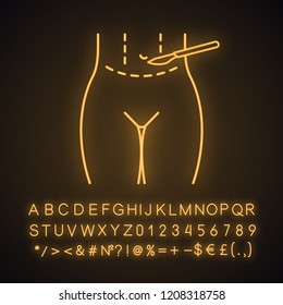 Tummy tuck plastic neon light icon. Abdominoplasty. Stomach liposuction. Abdominal lifting. Plastic surgery. Glowing sign with alphabet, numbers and symbols. Vector isolated illustration