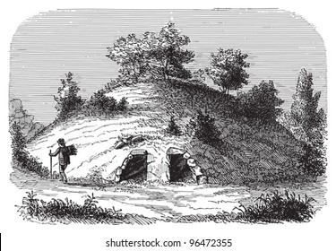 Tumulus with crypt (stone age) / vintage illustration from Meyers Konversations-Lexikon 1897