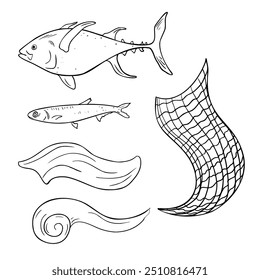 Tuna and anchovy black and white vector illustration isolated. Big and small sea fishes hand drawn ink silhouette. Set of sea waves and fishing net contour. Seafood set in line art for package.