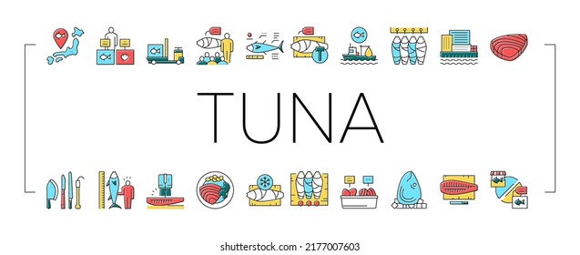 Tuna Auction Tsukiji Market Collection Icons Set Vector. Tuna Fishing And Delivery, Fish Meat And Fillet, Fisherman And Seller, Sale And Buy Color Contour Illustrations