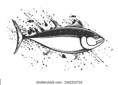 Tuna big eye fishing logo illustration. Yellowfin tuna fish fishing vector emblem. Blue fin fish marine theme. Angry fish.