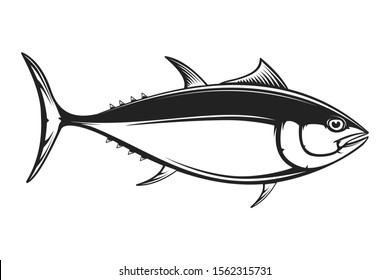 Tuna big eye fishing logo illustration. Yellowfin tuna fish fishing vector emblem. Blue fin fish marine theme. Angry fish.