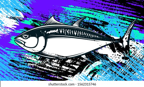 Tuna big eye fishing logo illustration. Yellowfin tuna fish fishing vector emblem. Blue fin fish marine theme. Angry fish.