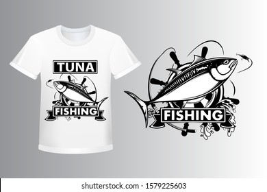Tuna big eye fishing logo illustration. Yellowfin tuna fish fishing vector emblem. Blue fin fish marine theme. Angry fish.