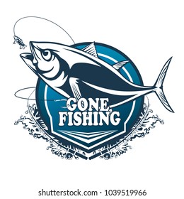 Tuna big fishing logo illustration. Tuna fish fishing vector emblem. Blue fin fish marine theme. Angry fish.