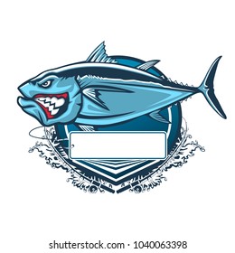 Tuna big fishing logo illustration. Tuna fish fishing vector emblem. Blue fin fish marine theme. Angry fish.