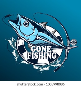 Tuna big fishing on white logo illustration. Vector illustration can be used for creating logo and emblem for fishing clubs, prints, web and other crafts.