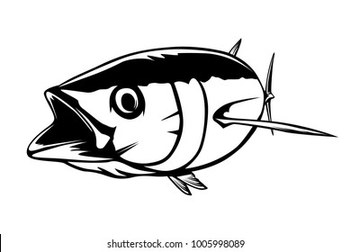 Tuna big fishing on white logo illustration. Vector illustration can be used for creating logo and emblem for fishing clubs, prints, web and other crafts.