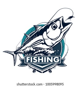 Tuna big fishing on white logo illustration. Vector illustration can be used for creating logo and emblem for fishing clubs, prints, web and other crafts.