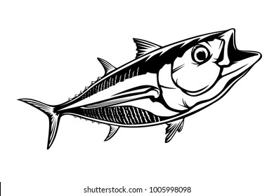 Tuna big fishing on white logo illustration. Vector illustration can be used for creating logo and emblem for fishing clubs, prints, web and other crafts.