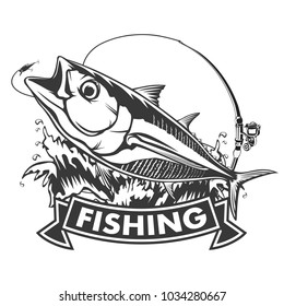 Tuna big fishing on white logo illustration. Vector illustration can be used for creating logo and emblem for fishing clubs, prints, web and other crafts.