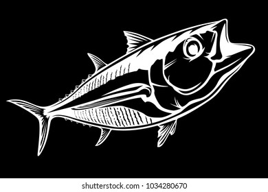 Tuna big fishing on white logo illustration. Vector illustration can be used for creating logo and emblem for fishing clubs, prints, web and other crafts.