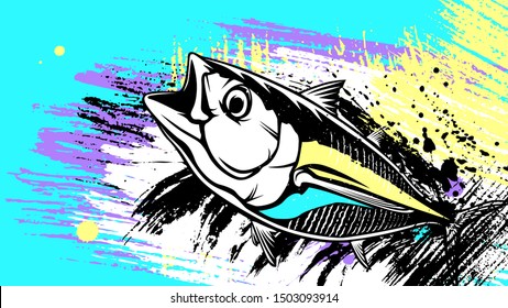 Tuna big fishing on white logo illustration.Water splash. Grunge background. Paint stains.