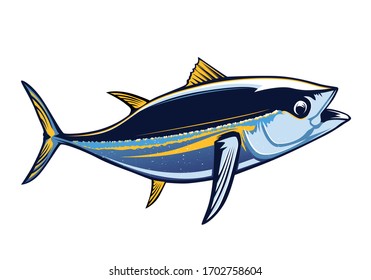 Tuna big fishing on white logo illustration. Vector illustration can be used for creating logo and emblem for fishing clubs, prints, web and other crafts.