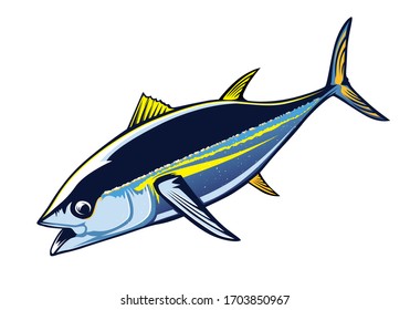 Tuna big fishing on white logo illustration. Vector illustration can be used for creating logo and emblem for fishing clubs, prints, web and other crafts.