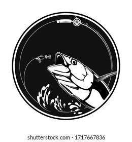 Tuna big fishing on white logo illustration. Vector illustration can be used for creating logo and emblem for fishing clubs, prints, web and other crafts.