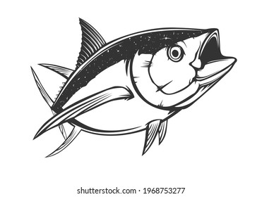 Tuna big fishing on white logo illustration. Vector illustration can be used for creating logo and emblem for fishing clubs, prints, web and other crafts.