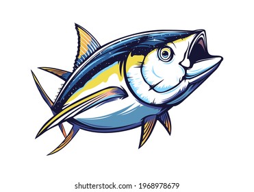 Tuna big fishing on white logo illustration. Vector illustration can be used for creating logo and emblem for fishing clubs, prints, web and other crafts.