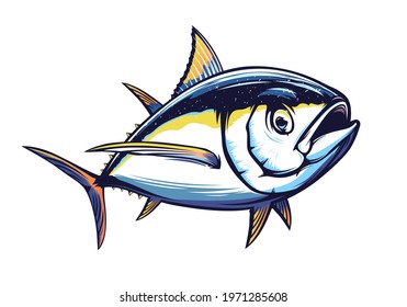 Tuna big fishing on white logo illustration. Vector illustration can be used for creating logo and emblem for fishing clubs, prints, web and other crafts.