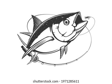 Tuna big fishing on white logo illustration. Vector illustration can be used for creating logo and emblem for fishing clubs, prints, web and other crafts.