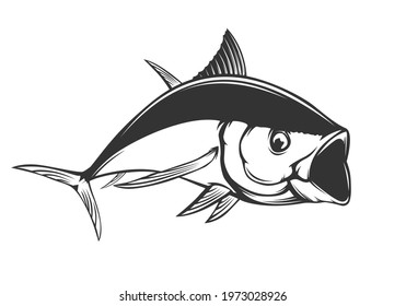 Tuna big fishing on white logo illustration. Vector illustration can be used for creating logo and emblem for fishing clubs, prints, web and other crafts.