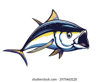 Tuna big fishing on white logo illustration. Vector illustration can be used for creating logo and emblem for fishing clubs, prints, web and other crafts.