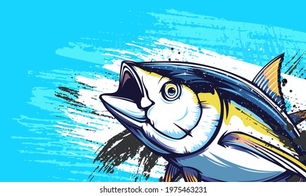 Tuna big fishing on white logo illustration. Vector illustration can be used for creating logo and emblem for fishing clubs, prints, web and other crafts.